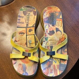 TABARCA yellow leather sandals. Cork and rubber bottoms. Funky inner lining! 8